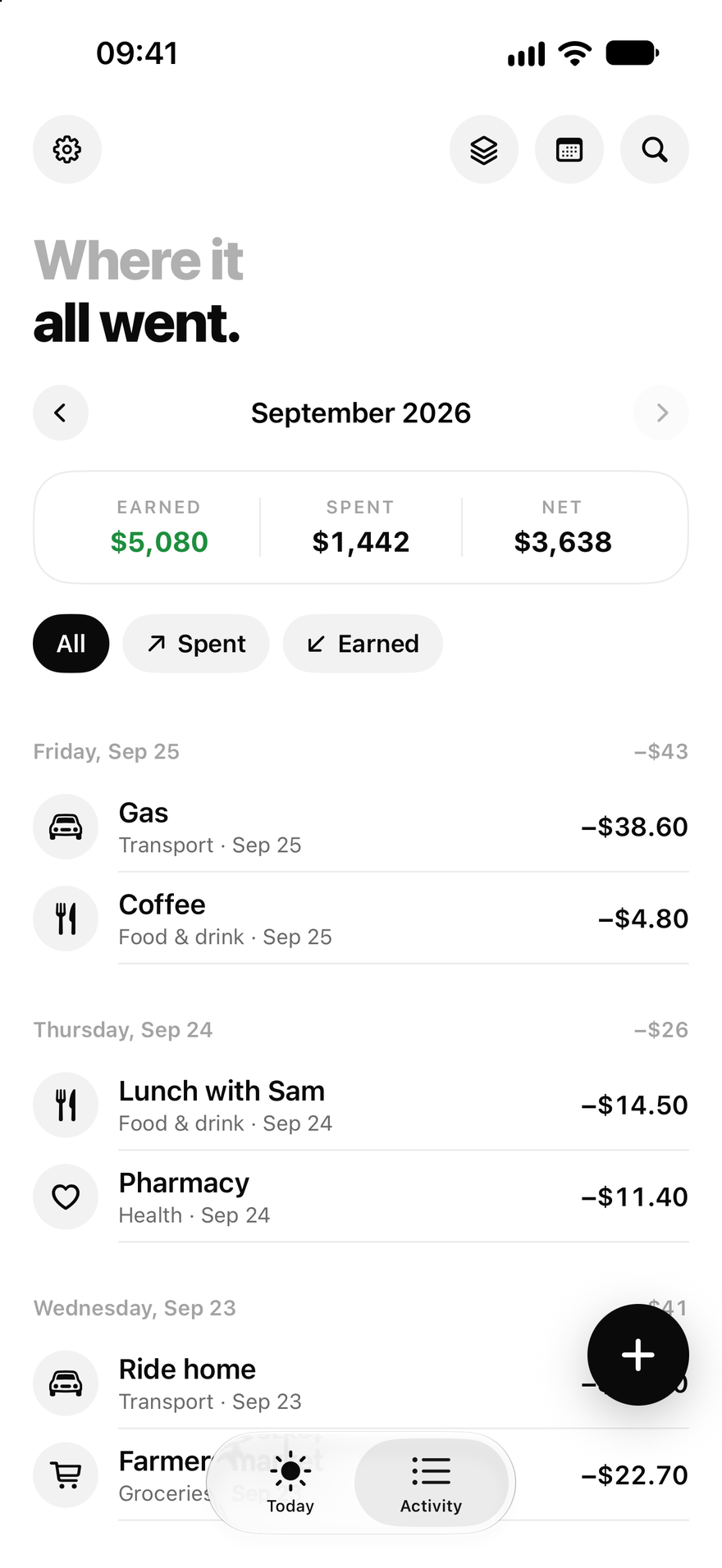 Flowjar Activity screen with monthly income, expense and net