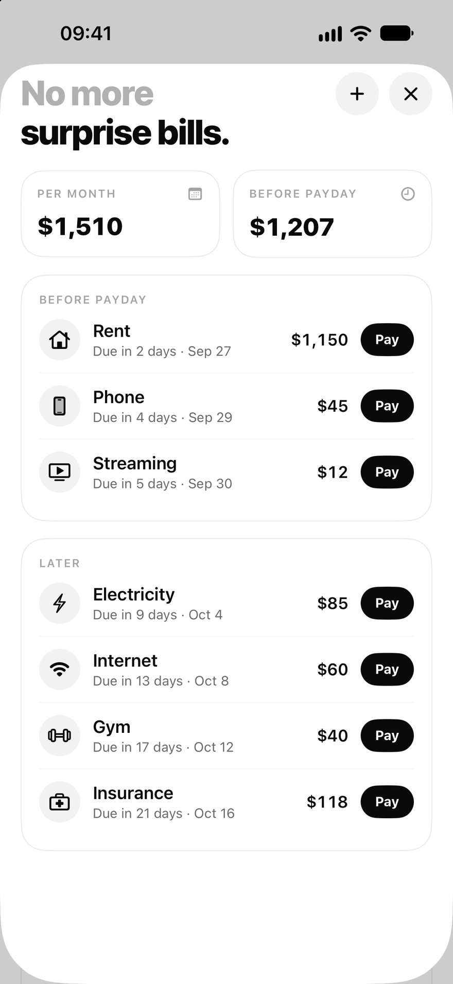Flowjar Bills and subscriptions screen with due dates