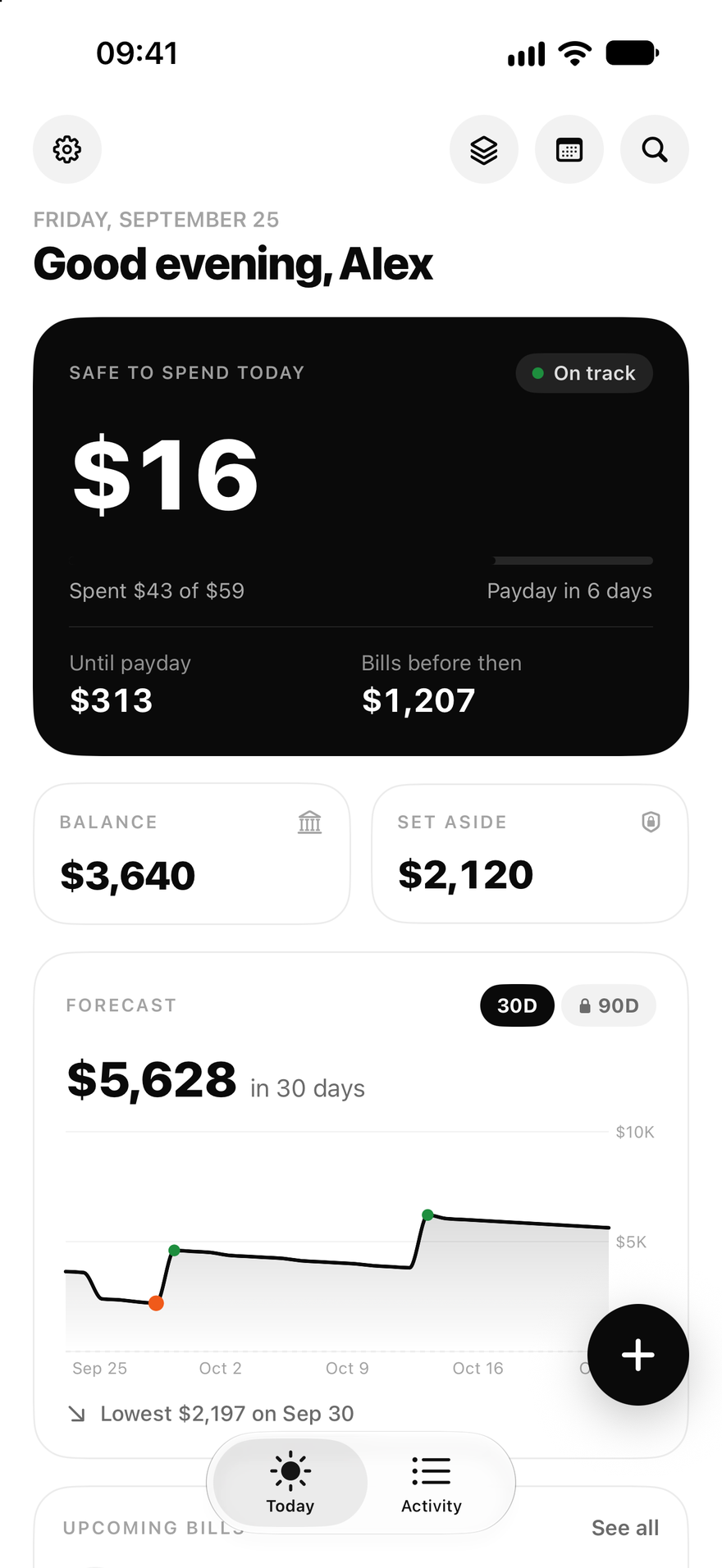 Flowjar Today screen showing safe to spend today and a 30-day balance forecast